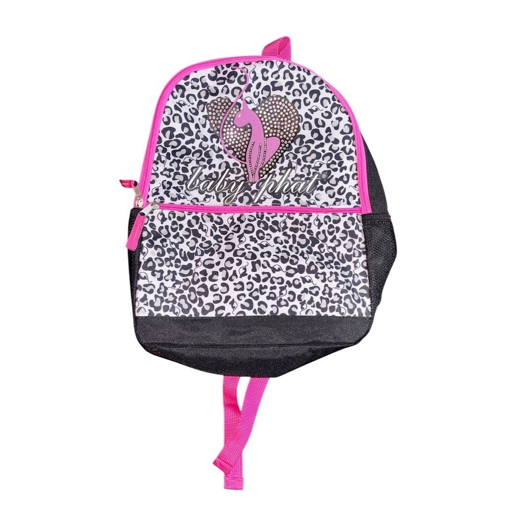 Baby Phat Girls Backpack Medium Pink Black Leopard Print Rhinestone Heart Y2K